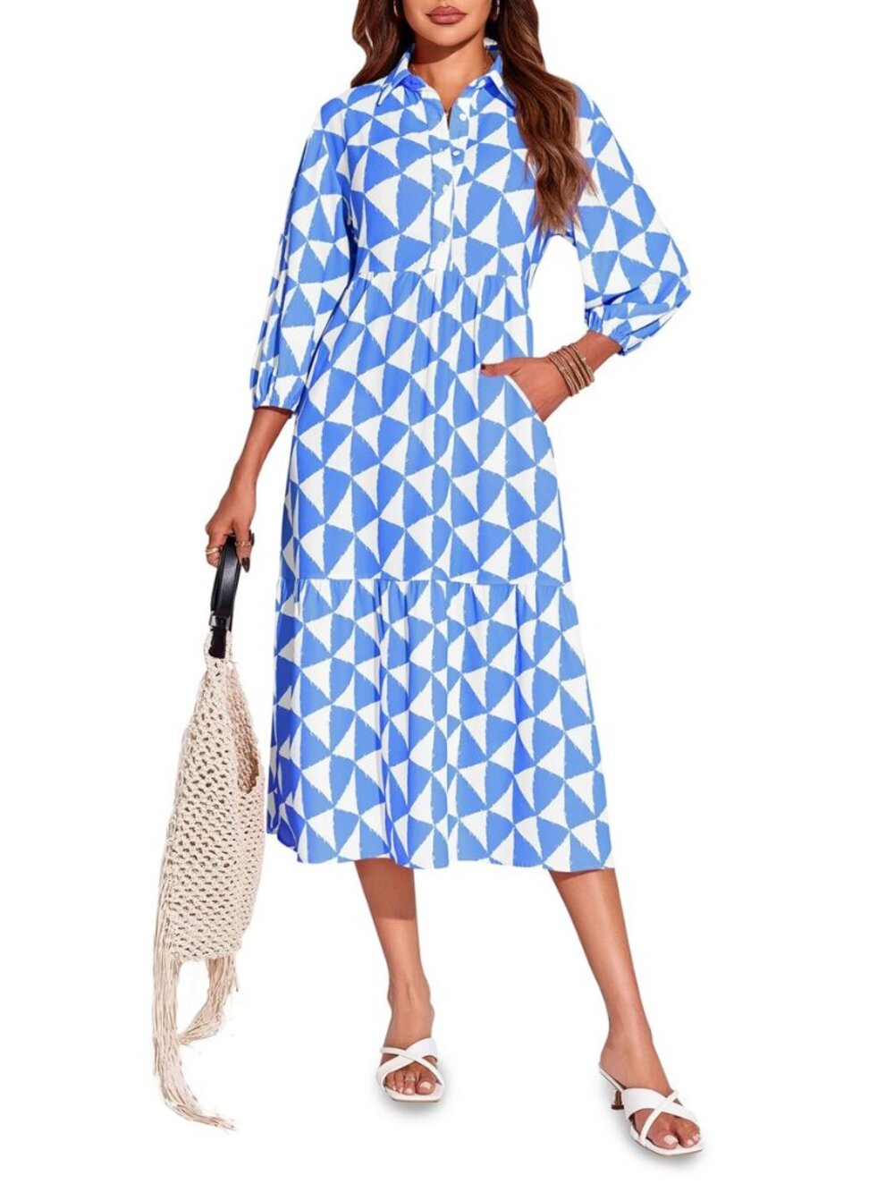 Womens Boho Midi Dress Long Sleeve Casual Color Block Beach Button Down Shirt